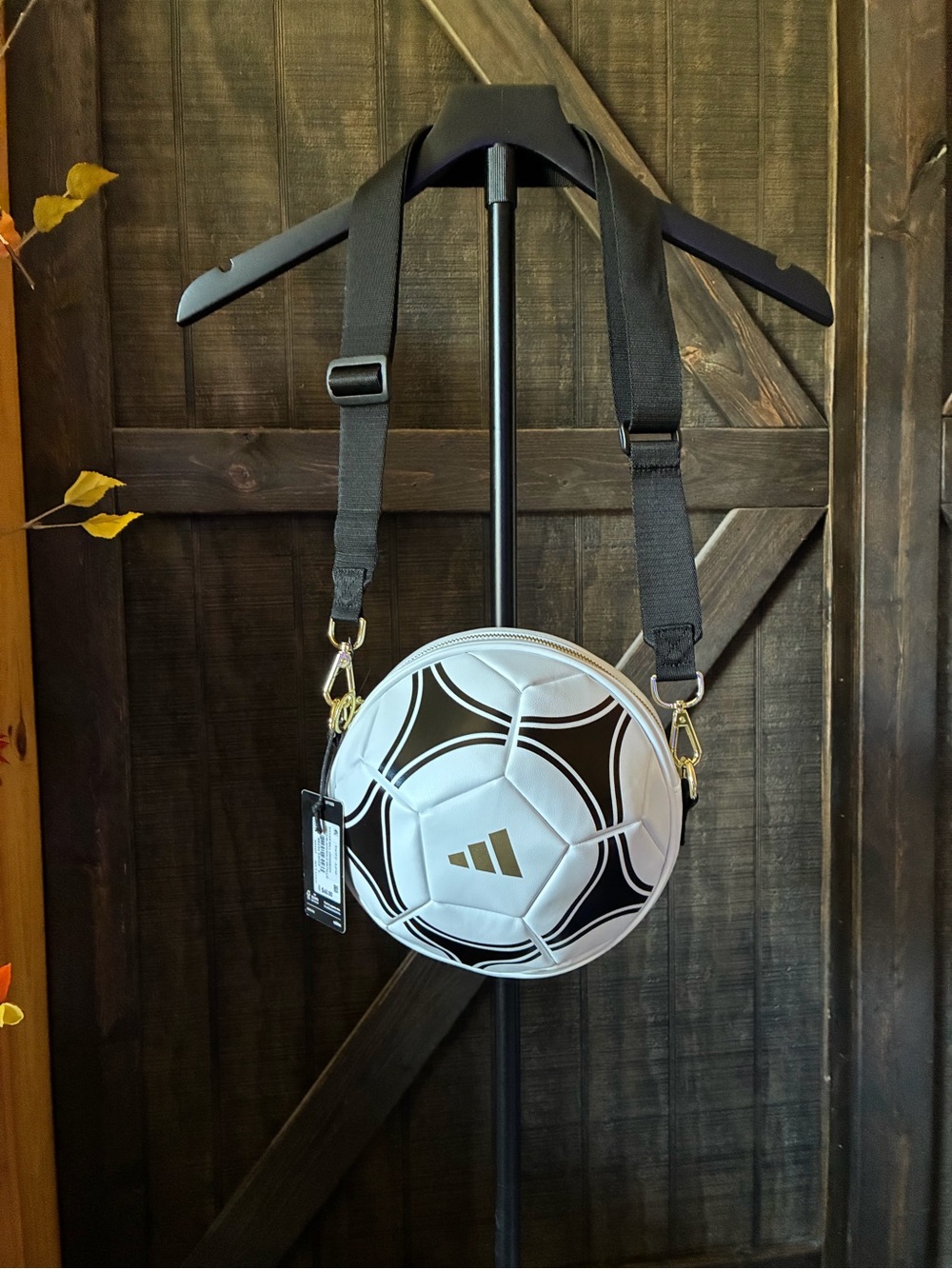adidas White and Black Soccer Ball Crossbody Pouch with Gold Logo